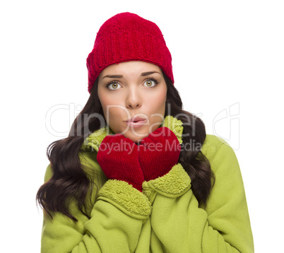 Chilly Mixed Race Woman Wearing Winter Hat and Gloves