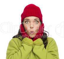Stunned Mixed Race Woman Wearing Winter Hat and Gloves