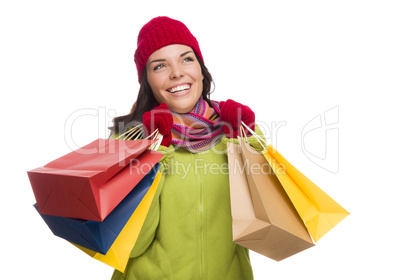 Mixed Race Woman Wearing Hat and Gloves Holding Shopping Bags