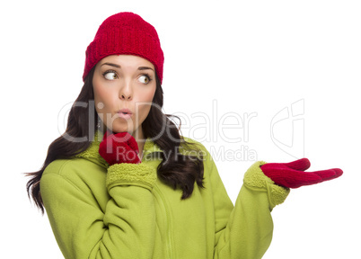 Mixed Race Woman Wearing Hat and Gloves Gesturing to Side
