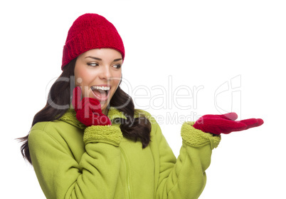 Mixed Race Woman Wearing Hat and Gloves Gesturing to Side