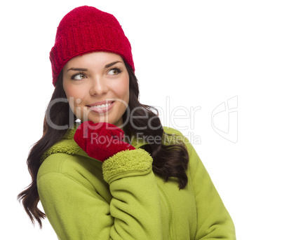 Mixed Race Woman Wearing Hat and Gloves Looking to Side.