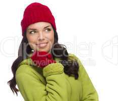 Mixed Race Woman Wearing Hat and Gloves Looking to Side.