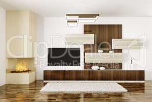 interior of room with fireplace and plasma tv 3d