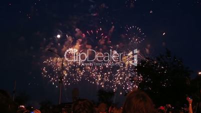 crowd of people watching fireworks in night city