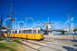 yellow tram on the river bank of danube in budapest