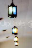 rustic lights on church ceiling
