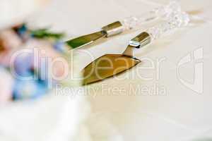 wedding cake and utensils