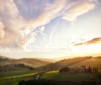 Picturesque Tuscany landscape at sunset, Italy