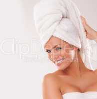 beautiful woman with her hair in a towel