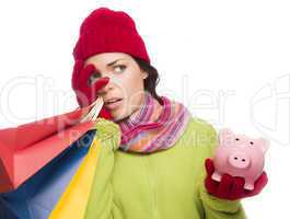 Concerned Expressive Mixed Race Woman Holding Shopping Bags and