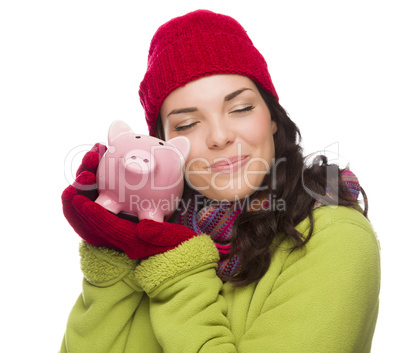 Pleased Mixed Race Woman Hugging Piggybank Isolated on White