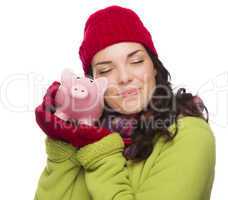 Pleased Mixed Race Woman Hugging Piggybank Isolated on White