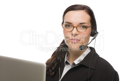 Mixed Race Receptionist In Front of Computer Wearing Phone Head-