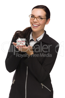Mixed Race Woman Holding Small House Isolated on White
