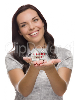 Pretty Mixed Race Woman Holding Small House Isolated on White