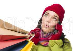 Mixed Race Woman Holding Shopping Bags On Cell Phone Looking