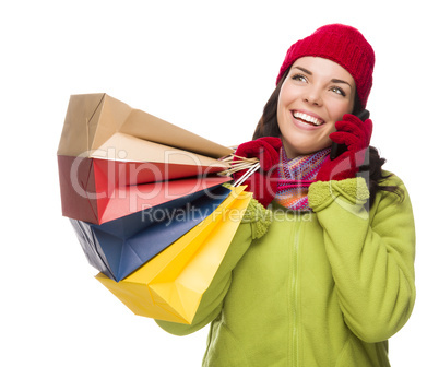 Mixed Race Woman Holding Shopping Bags On Cell Phone Looking Up