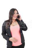 happy hispanic pregnant woman talks at cell phone