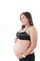 happy pregnant woman looking to a copyspace isolated