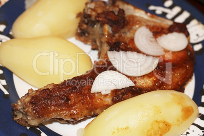 fried meat on the bone with a fresh onion and potatoes