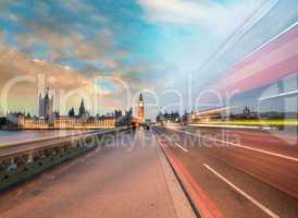 London, Famous Westminster Bridge at sunset with Houses of Parli