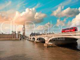 Westminster Bridge and Houses of Parliament at sunset, London. B