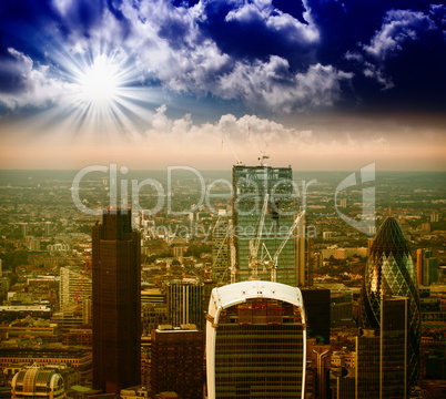 Sunset over modern London skyline. Aerial view