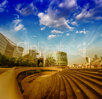 London. Cityscape on the southern side of Thames with modern sky