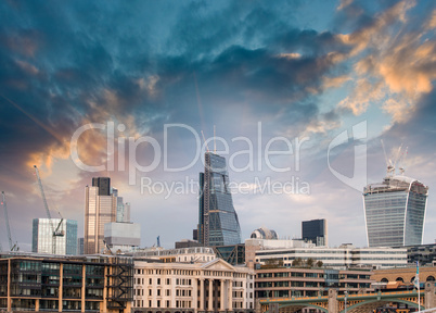 London, UK. Beautiful sunset view of city modern skyline