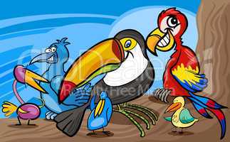 exotic birds group cartoon illustration