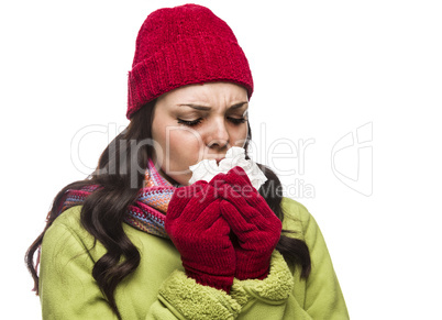 Sick Mixed Race Woman Blowing Her Sore Nose with Tissue.