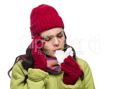 Sick Mixed Race Woman Blowing Her Sore Nose with Tissue.