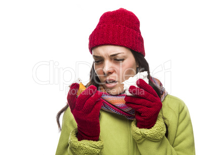 Sick Mixed Race Woman with Empty Medicine Bottles Blowing Nose .