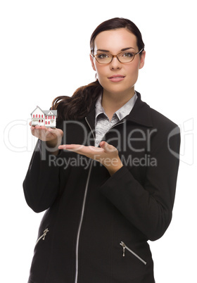 Mixed Race Businesswoman Holding Small House to the Side.