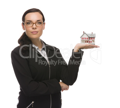 Mixed Race Businesswoman Holding Small House to the Side.