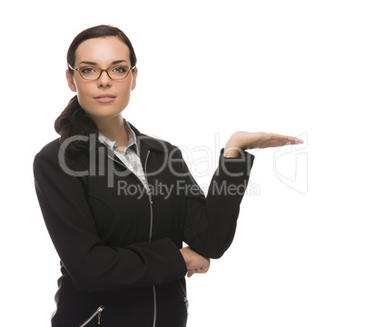 Confident Mixed Race Businesswoman Gesturing with Hand to the Si