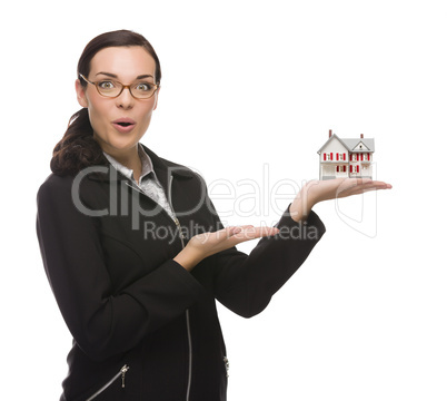 Mixed Race Businesswoman Holding Small House to the Side.