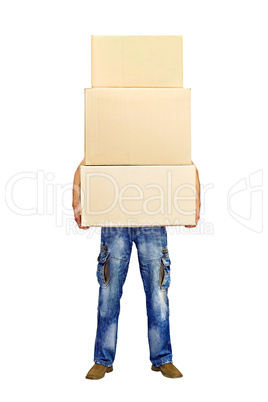man holding a stack of cardboard boxes