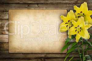 Card for invitation or congratulation with yellow lily flower
