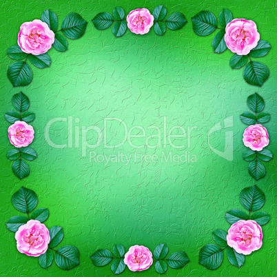 green floral background framed by blooming roses