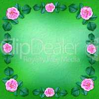 green floral background framed by blooming roses