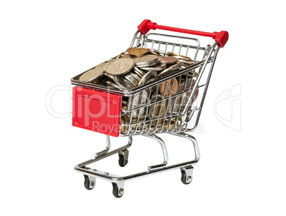 shopping cart with rubles isolated on white