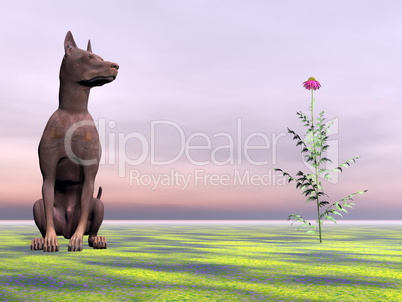 Doberman dog next to beautiful flower - 3D render