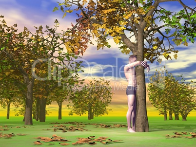 Man hugging a tree - 3D render
