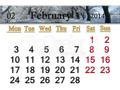 calendar for the february of 2014
