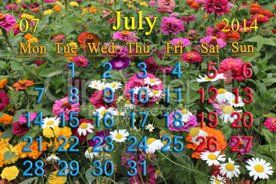 calendar for the july of 2014 with flowers