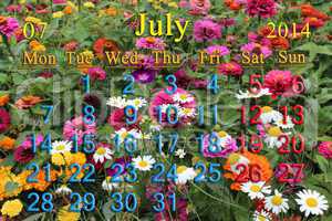 calendar for the july of 2014 with flowers