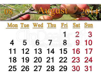 calendar for the August of 2014 year with apples