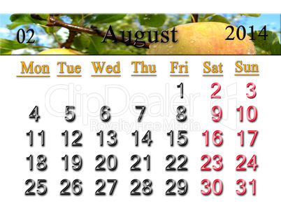 calendar for the august of 2014 year with apples